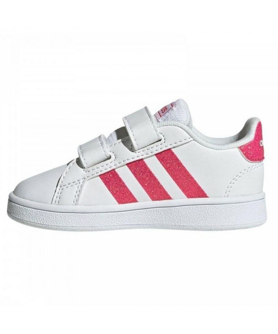 Adidas Regular Fit Kids Infants Trainers.      \nHook-and-loop Strap Closure.      \nThese Infants' Shoes Feature Glitter 3-stripes and a Cushioned Sockliner That Gives Small Feet Ultra-soft Comfort.      \nAn Adjustable Strap Closure Keeps Them Feeling Snug and Locked in.      \nLittle Ones Will Be Ready to Rally in These Infants' Shoes.      \nThey Make First Steps Simple with a Grippy Sole That Keeps Them Moving.      \nThe Leather-like Upper Has a Stripped-down Look and Easy on-and-off Straps.