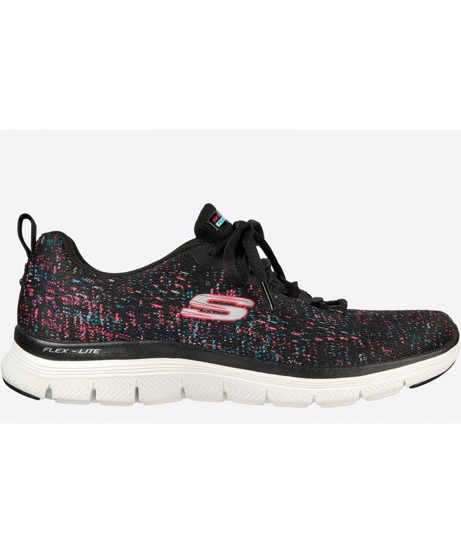 Keep your athletic options flexible and comfortable with the Skechers Flex Appeal 4.0 - Vivid Spirit shoe. This lace-up sneaker features a multicolour soft engineered mesh upper with a cushioned Air-Cooled Memory Foam insole.\n- Skechers Air-Cooled Memory Foam cushioned comfort insole\n- Multicolour soft engineered mesh upper\n- Air-Cooled sporty lace-up sneaker design\n- Flex Lite shock-absorbing midsole\n- Super flexible rubber traction outsole\n- Skechers logo detail