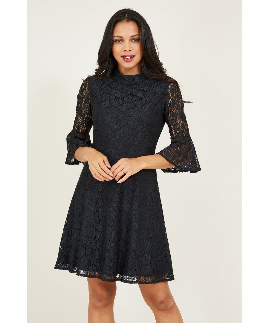 Cut an elegant silhouette in this Mela Lace Skater Dress. Designed to a fit and flare shape, this party dress is detailed with floral lace for a show stopping finish that's perfect for special occasions. Enhanced by fluted sleeves and a high neckline for balance, Team it with heels and a clutch bag for simple styling.  Shell:100% Polyester, Lining:100% Polyester Machine Wash At 30 Length is 91cm-35.8inches