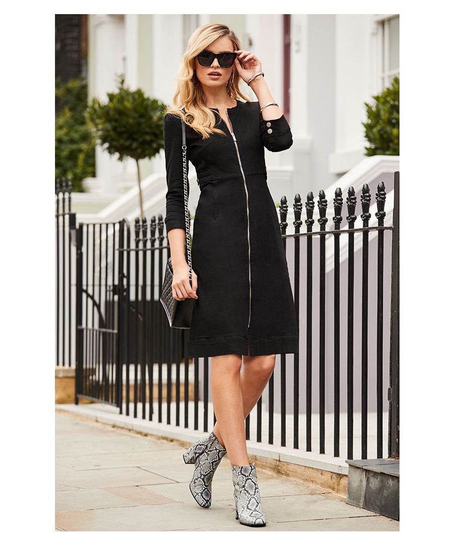  \nREASONS TO BUY:\n\nStaple denim dress gets a new season spin\nThis is how to do black\nSleek silver zip detail for a luxe finish\nWaist buttons for a figure enhancing silhouette\nWork it in the office with court shoes\nPair with sneakers off duty