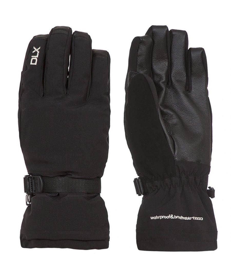High performance stretch glove. Lightly padded. Adjustable wrist strap. Toggle adjuster. Nose wipe. Leather palm. Carabiner loop. Double layer reinforcement at wear points. Waterproof 10000mm, breathable 5000mvp. Shell: 100% Polyamide, TPU membrane, Palm: 100% Leather, Lining: 100% Polyester, Filling: 100% Polyester.