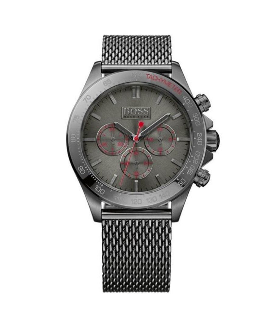 Hugo Boss 1513443 EAN 7613272218542 available in stock with chronograph functions. Case is made out of  Stainless Steel while the dial colour is grey/red with grey tone baton hour markers. Free standard shipping