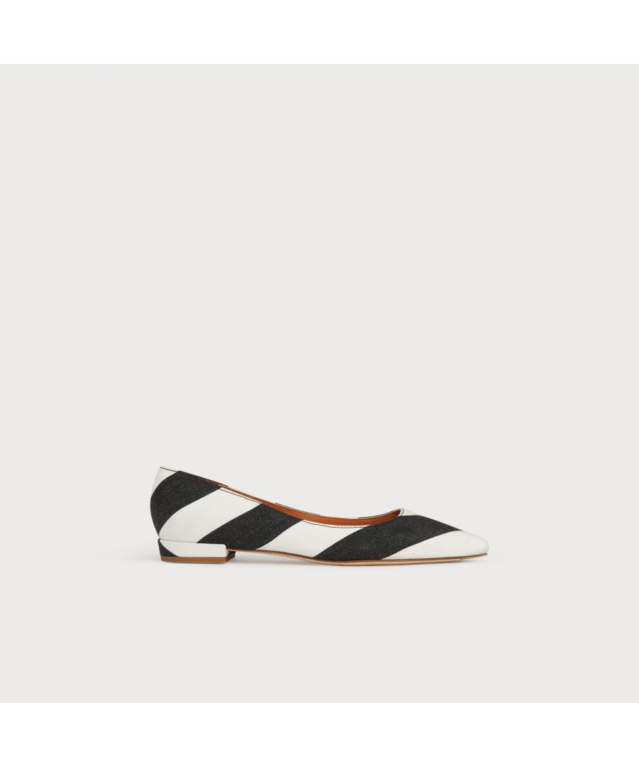 A perfect shoe for all-day wear, our Harlow flats are simple and stylish. Expertly-crafted in Spain from black and white diagonal stripe fabric - which matches to pieces in our clothing collection - they have a pointed toe, streamlined silhouette and a small flat heel. Wear them with the matching Lucia clutch, tailored trousers and a silk blouse.