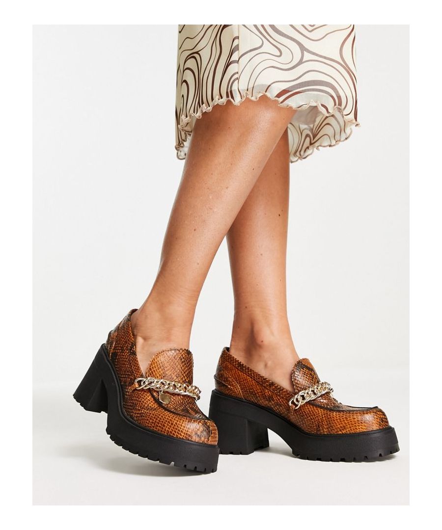 Loafers by ASOS DESIGN Level up Slip-on style Chain detail Round toe Chunky sole Mid-block heel Sold by Asos