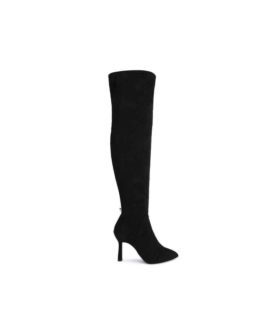 This Francesca is an Over The Knee boot in black microsuede. There are two small KG Kurt Geiger logo printed on ribbed textile with a print stitch detailing tab at the back of the ankle. Concealed zipper on the inner sides. This product is registered with The Vegan Society.