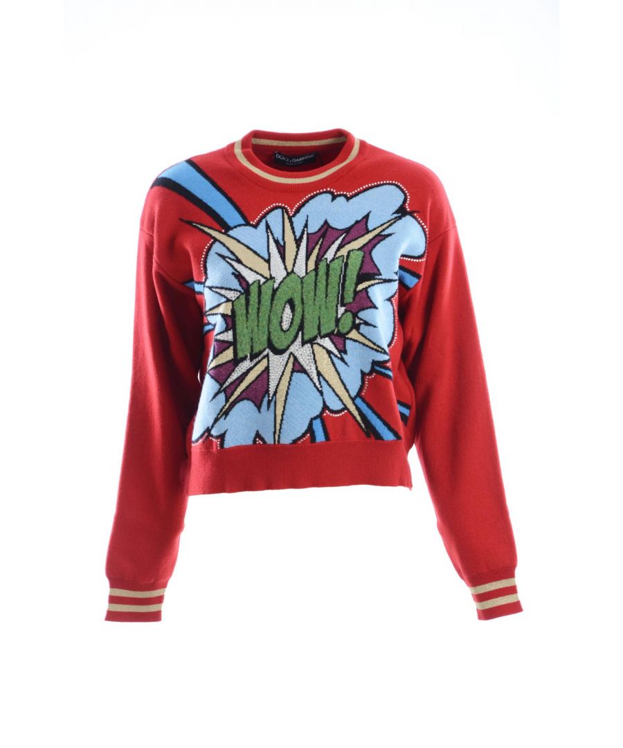 Dolce & ; Gabbana Gorgeous brand new with tags, 100% Authentic Dolce & ; Gabbana sweater Model : Crew Neck sweater long sleeve pullover Material : 90% Cashmere, 4% Rayon, 4% Cupro, 2% Wool Color : Red with multicolor Motive : Cartoon Real Crystal Embellishment Logo details Made in Italy