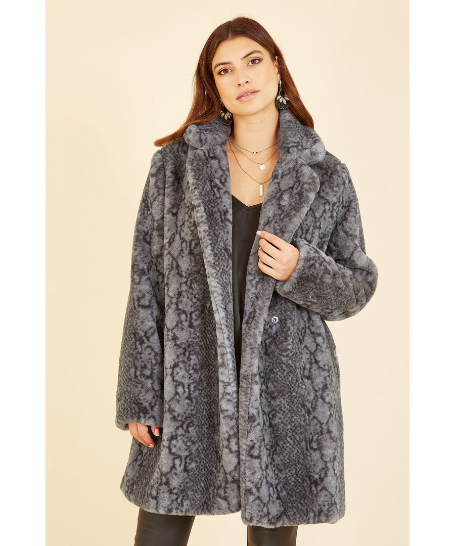 Grey Snakeskin Print Faux Fur Coat