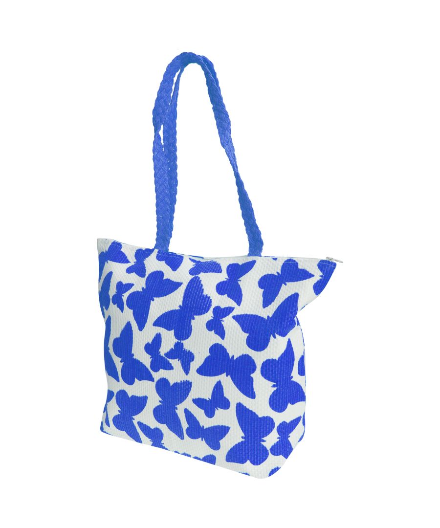 Image for FLOSO Womens/Ladies Straw Woven Butterfly Print Top Handle Handbag (White/Blue)