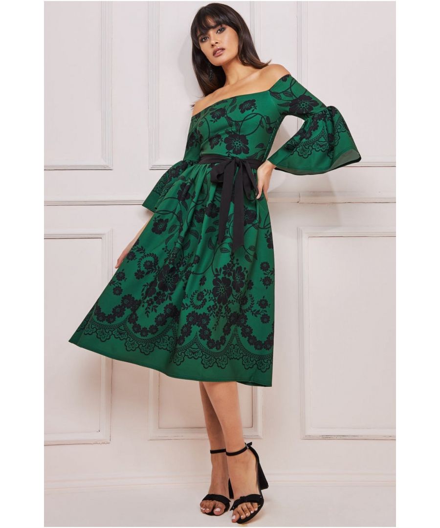 Goddiva Womens Printed Off The Shoulder Midi Dress - Emerald - Size 8 UK