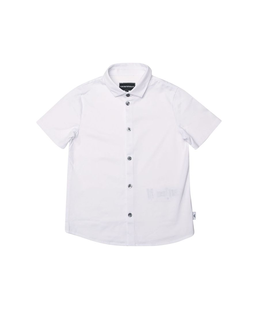 Infant Boys Armani Short Sleeve Shirt in white.- Classic collar.- Short sleeves.- Full button fastening.- 100% Cotton. Machine wash at 30 degrees.- Ref: 3G4CH5FGZ0100I