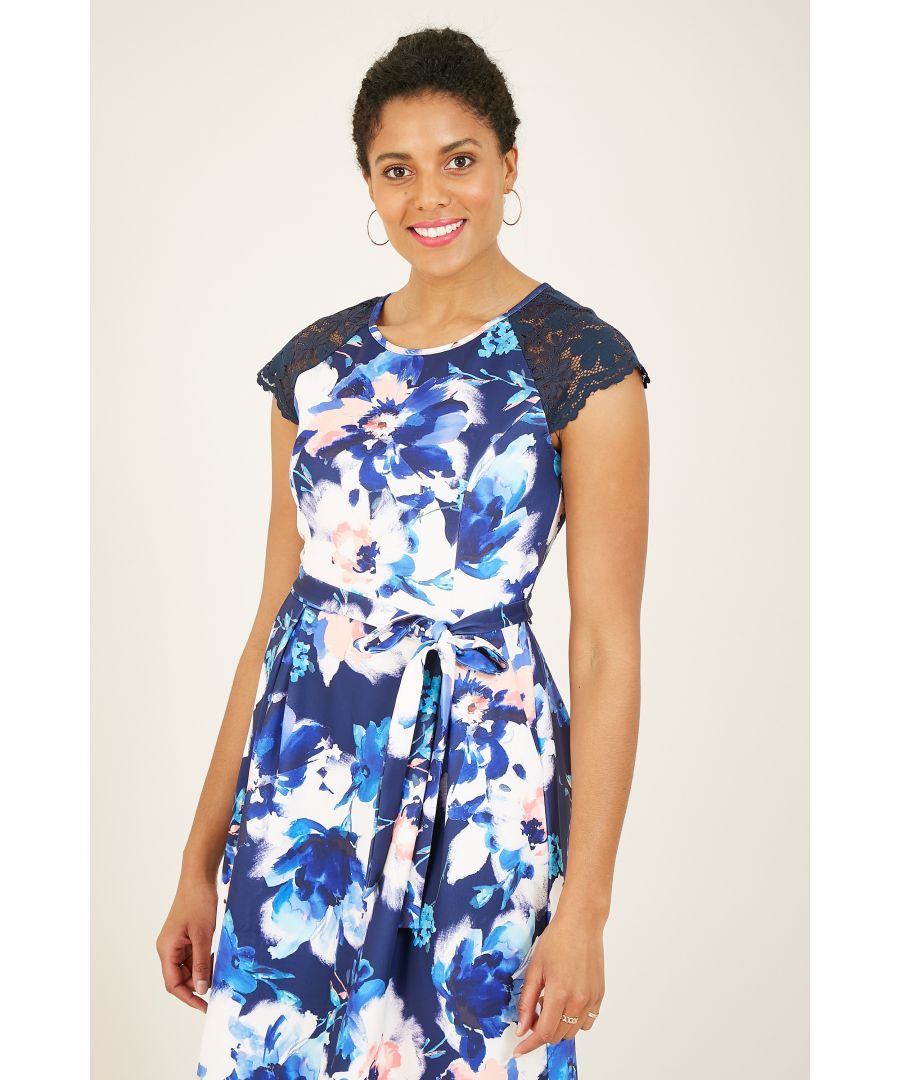 Image for Yumi Blue Floral Skater Dress With Lace Sleev