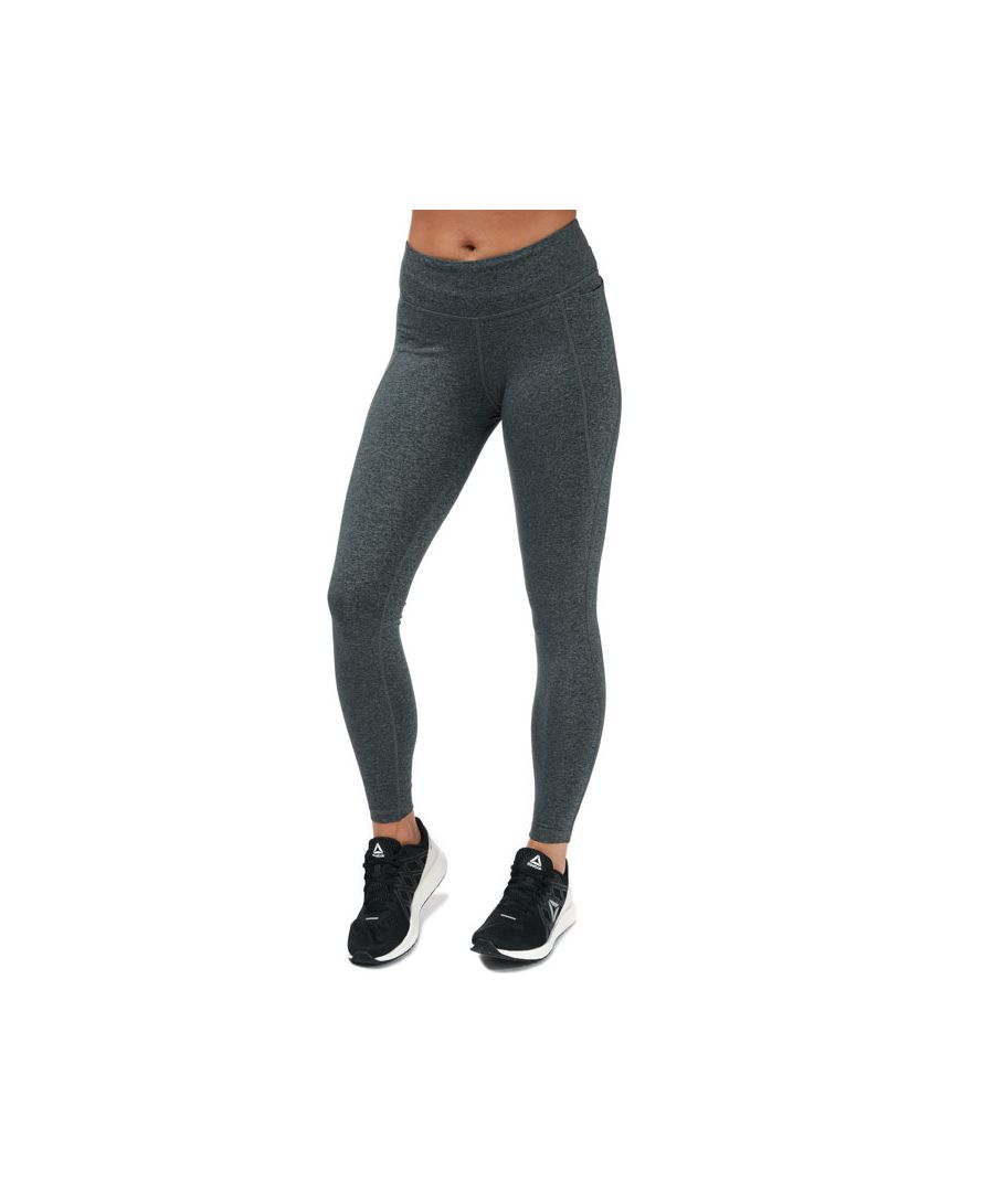 Womens Reebok Lux Tights 2.0 in charcoal marl.- Wide  mid-rise waistband with panel at back.- Black elastane to eliminate shine.- Side slip-in pocket.- Half cuff at leg opening helps keep the fit.- Speedwick fabric wicks sweat.- Flatlock seams.- Fitted fit.- Main Material: 56% Nylon  24% Polyester  20% Elastane. Machine washable.- Ref: FP9195