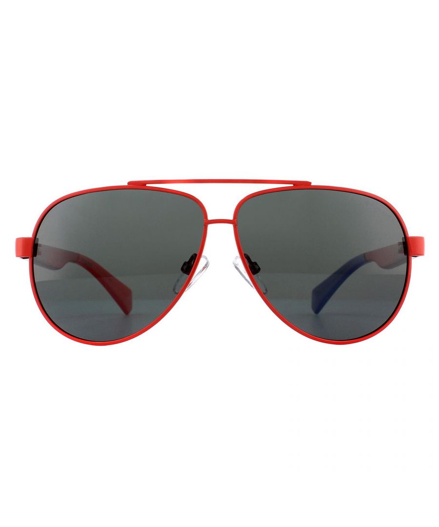Polaroid Kids Sunglasses PLD 8034/S C9A M9 Red Grey Polarized are a vibrant aviator style for kids. With adjustable nose pads, a perfect fit is guaranteed for children aged 8-12 years. Polarized lenses will ensure a comfortable view and the temples are signed off with the Polaroid logo.