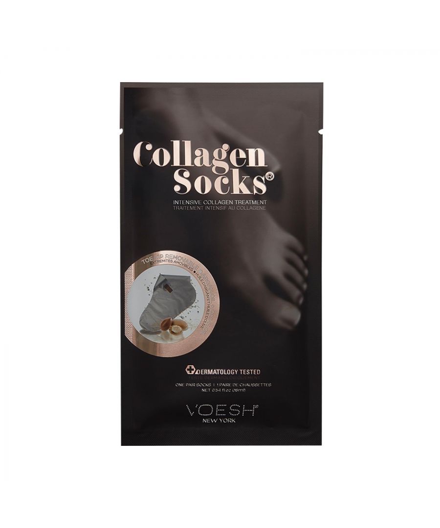 Voesh New York Collagen Foot Mask Socks with Argan & Olive Oil 16ml.  VOESH UV protective foot mask socks bring innovation to pedicure treatment. Each Mask is pre-loaded with argan oil and collagen-rich emulsion to penetrate and moisturize the skin. When ready to have your pedicure, simply remove the tips of the toes along the perforated pre-cut lines.  Made with a micro-thin dual layered material. Protects up to 98.9% of UV rays. Save time by moisturizing your feet while getting a pedicure. Great for softening calluses. Patent Pending.  Enriched With Collagen & Argan Oil. \n\nYOU DO NOT NEED\nMassage Lotion\nParaffin Wax