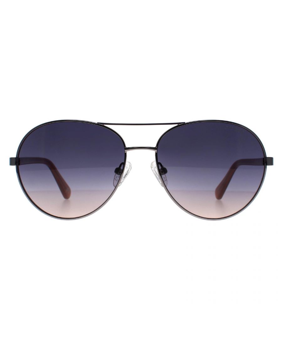 Guess Aviator Mens Shiny Light Nickeltin Blue Gradient GU5213  Sunglasses is crafted from high-quality metal, which is both lightweight and durable. The frame features a aviator shape with a double bridge, giving it a unique and fashionable look. The temples are adorned with the Guess logo, adding an extra touch of elegance to the design.