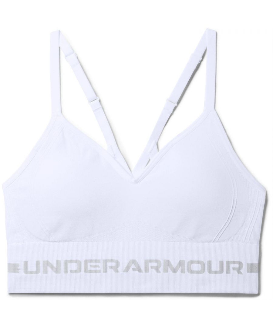 Under Armour Seamless Low Impact Longline Sports Bra - This sports bra will keep you supported whilst adding a pop of colour to your workout attire. Crafted from a moisture wicking fabric to keep you feeling fresh and dry for longer, this bra features adjustable shoulder straps for a precise fit and a longline elasticated band under the bust. A seamless construction with levels of ventilation mapped where you need it most for ultimate breathability. The light support makes this sports bra perfect for yoga, hiking, pilates and other low impact sports.