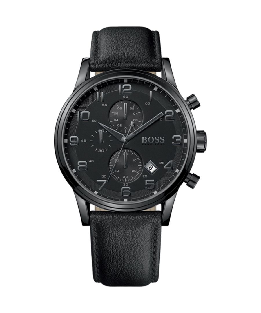 Heren horloge van het merk Hugo Boss in de kleur zwart.  Merk: Hugo BossModelnaam: 1512567 (44mm)Categorie: heren horlogeMaterialen: edelstaal, leerKleur: zwart