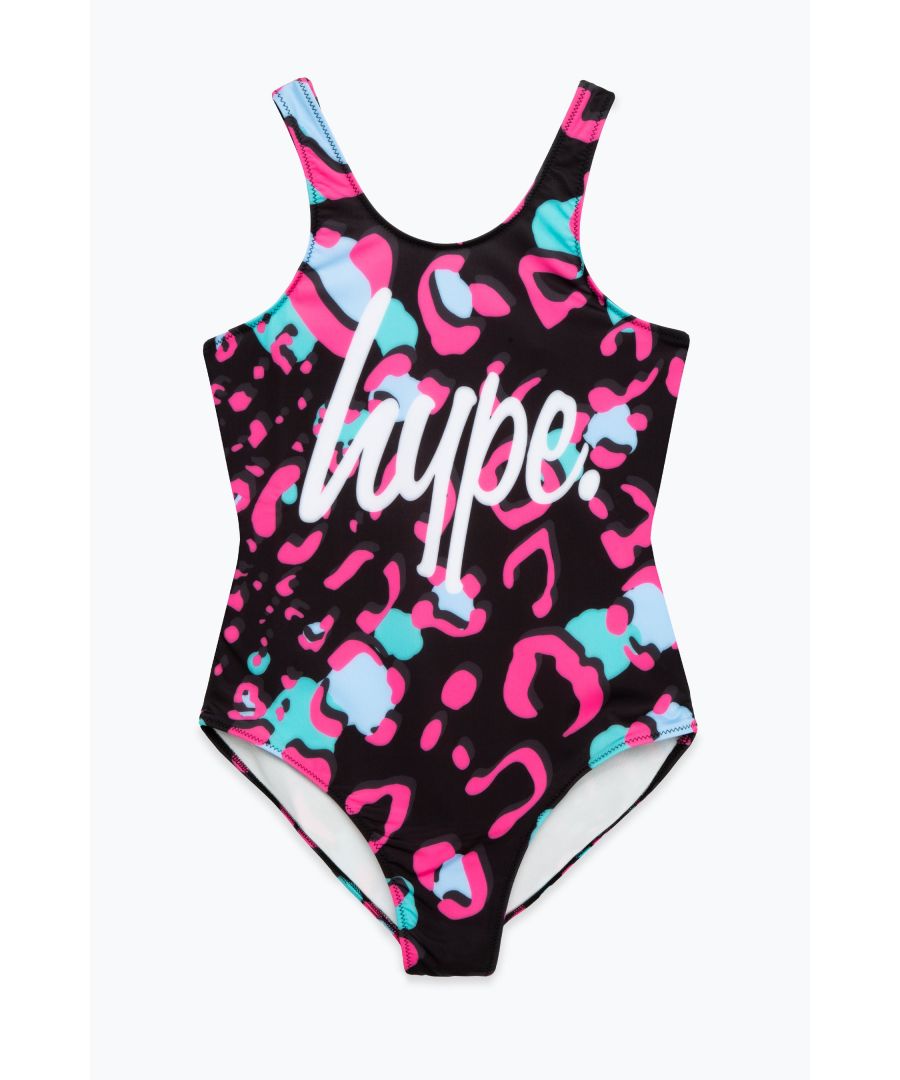 Swim is in. Meet the HYPE. Girls Pink Leopard Swimsuit, the ultimate girls swimsuit you'll want to wear everyday of summer, autumn, winter and spring. Designed in our standard black kids swimsuit shape, boasting an all over fade pink leopard print inspired design and the iconic HYPE. script logo in contrasting white. Wear with HYPE. sliders, swimming goggles and a beach towel in hand. Machine wash at 30 degrees.