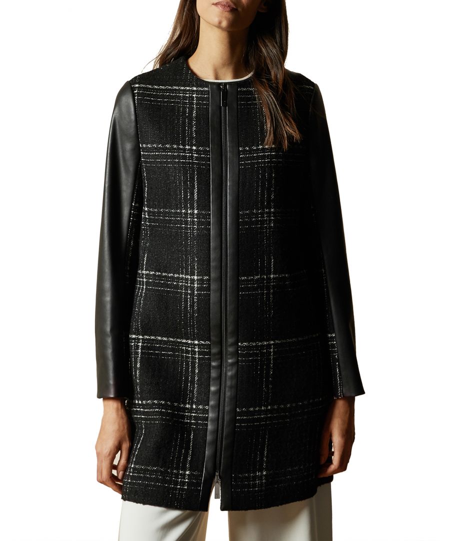 Faux Leather Sleeve Checked Coat