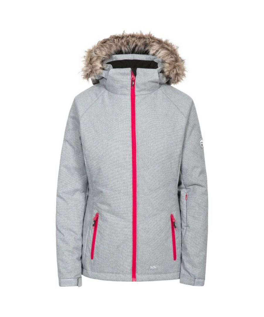 Womens ski jacket with water resistant shell. Zip-off hood. Windproof with layer of insulation. Breathable finish. Faux fur lining. Adjustable hem and cuffs. 2 x zip pockets. Ideal for skiing. Shell: 100% Polyester TPU Membrane. Lining: 100% Polyester. Filling: 100% Polyester.