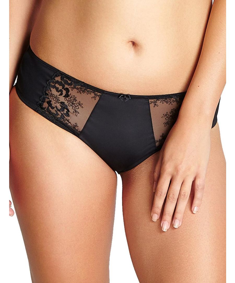 The Panache Thea brief has the perfect balance of sheer and opaque to make you feel sexy yet keep you covered. Designed with delicate embroidery upon sheer tulle, farming the front of the panty. Featuring an entirely sheer back panel, keeping things cheeky. Offering a good amount of coverage and finished with a delicate bow to the centre front. \n\nFeminine and on modern design\nClassic fit\nDelicate floral embroidery\nEntirely sheer back panel\nModerate coverage\nComposition:- 41% Polyester | 38% Polyamide | 11% Elastane | 10% Cotton\n\nListed in UK sizes