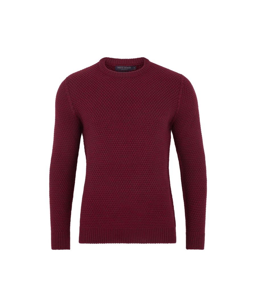 paul james knitwear mens 100% merino moss stitch fisherman jumper in burgundy wool - size medium