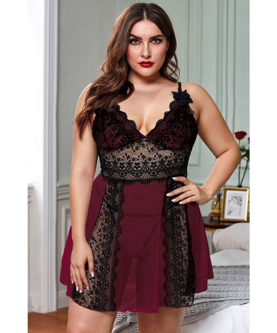 Image for Azura Exchange Red Color Block Hollow-Out Lace Gauze Patchwork Plus Size Babydoll