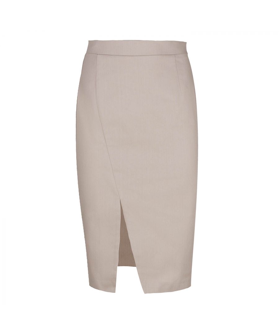 This pencil skirt is crafted in beige stretch denim style fabric in earthy shades. It has a 4cm wide waistband in the same fabric with darts below in the back. There is an off-centre slit in the front. It fastens in the back with a concealed zip. This pencil skirt is knee length and has a beige lining. Heels and an off-shoulder top will take this skirt and you for a night on the town! This skirt is eco-friendly.