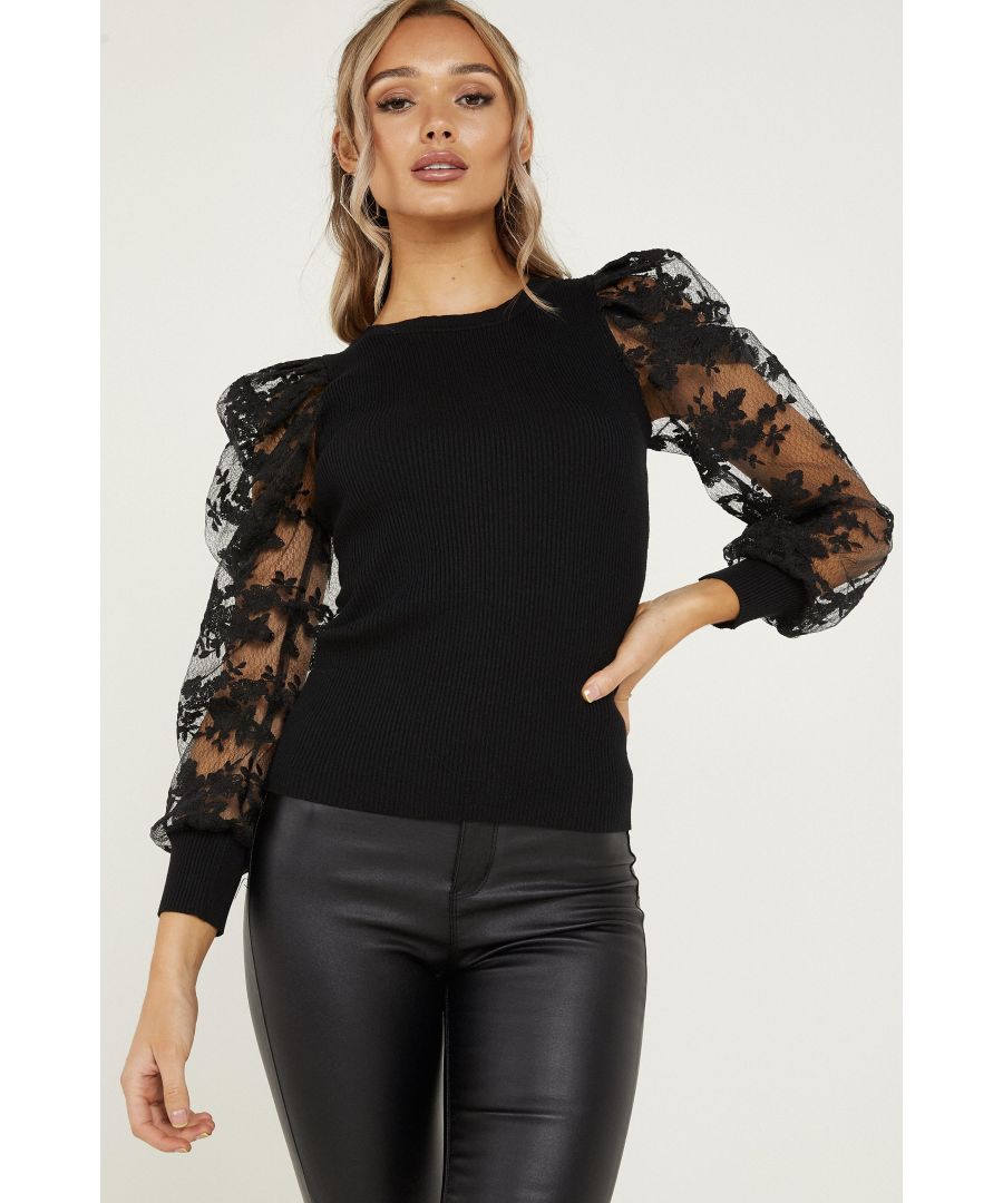 Image for Black Lace Puff Sleeve Jumper