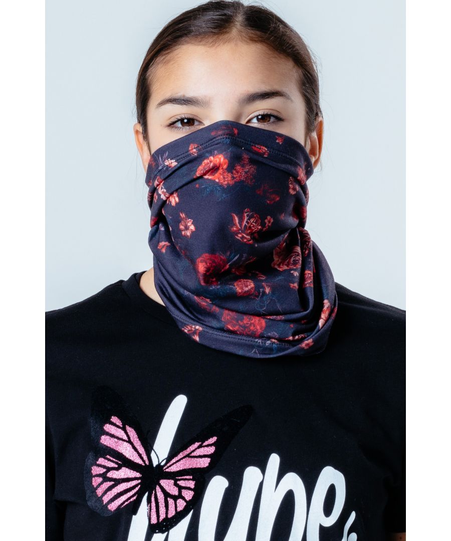 The HYPE. Red roses Adults Multifunctional Headwear features a unisex design. Highlighting a navy, pink and red colour palette in a floral inspired all-over print. Finished with the iconic HYPE. script crest. Designed in a soft-touch fabric for supreme comfort with a soft and breathable material for a comfortable fit. This men's and women's face covering can be used as a snood, bandana, headband, wristband, hairband, hood, head wrap and used as a face covering when in public places. Machine washable.