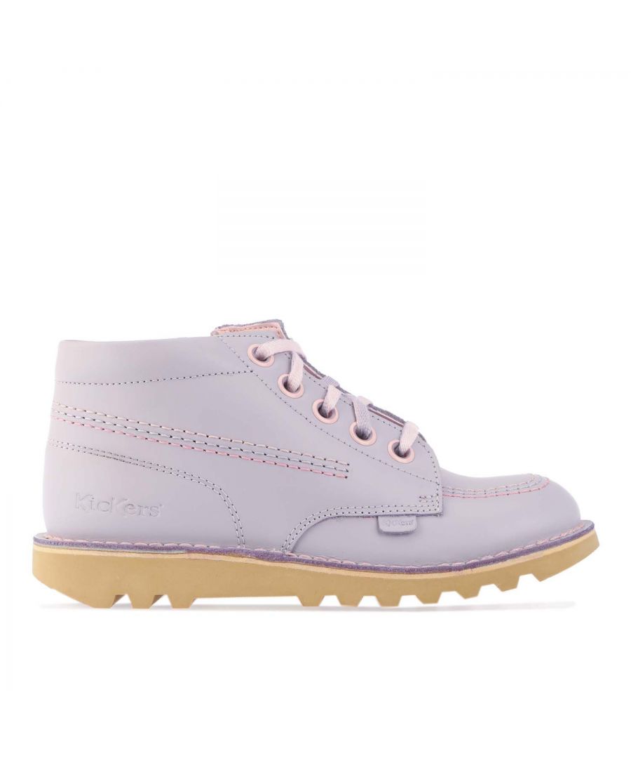 Children Girls Kickers Kick Hi Boots in lilac.- Soft leather upper.- Lace up design with brass eyelets.- Easy on off zip fastening on side.- Two-tone colour eyelets and laces.- Classic kickers tabs.- Signature Kicker’s triple stitching.- Rubber sole.- Leather upper and lining.- Ref: 116515