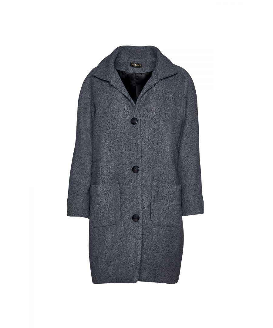 Wool blend grey mélange coat. Raglan sleeves and an upright collar. Two patch pockets in the front. Fastens in the front with 4 buttons. Loose fit.  Our model is 176cm and is wearing size 36/S. Measurements for size 38/M (in cm): Shoulder -48, Chest-52, Waist-54, Bottom-56, Sleeve Length-52, Body length-92. 40%wool-60%viscose. Accessories are not included.