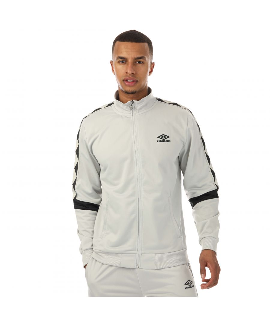 Mens Umbro Diamond Taped Tricot Track Top in grey.- Stand up collar.- Two zipped pockets.- Full zip fastening. - Branded metal zip puller.- Lifestyle diamond tape running down arms & shoulders.- Contrast inserts panels to sleeves.- Transfer lifestyle logo to front chest.- Ribbed hem and cuffs.- Regular fit.- Body: 100% Polyester. Rib: 95 Polyester  5% Elastane.- Ref: UMJM0644NRVGRY