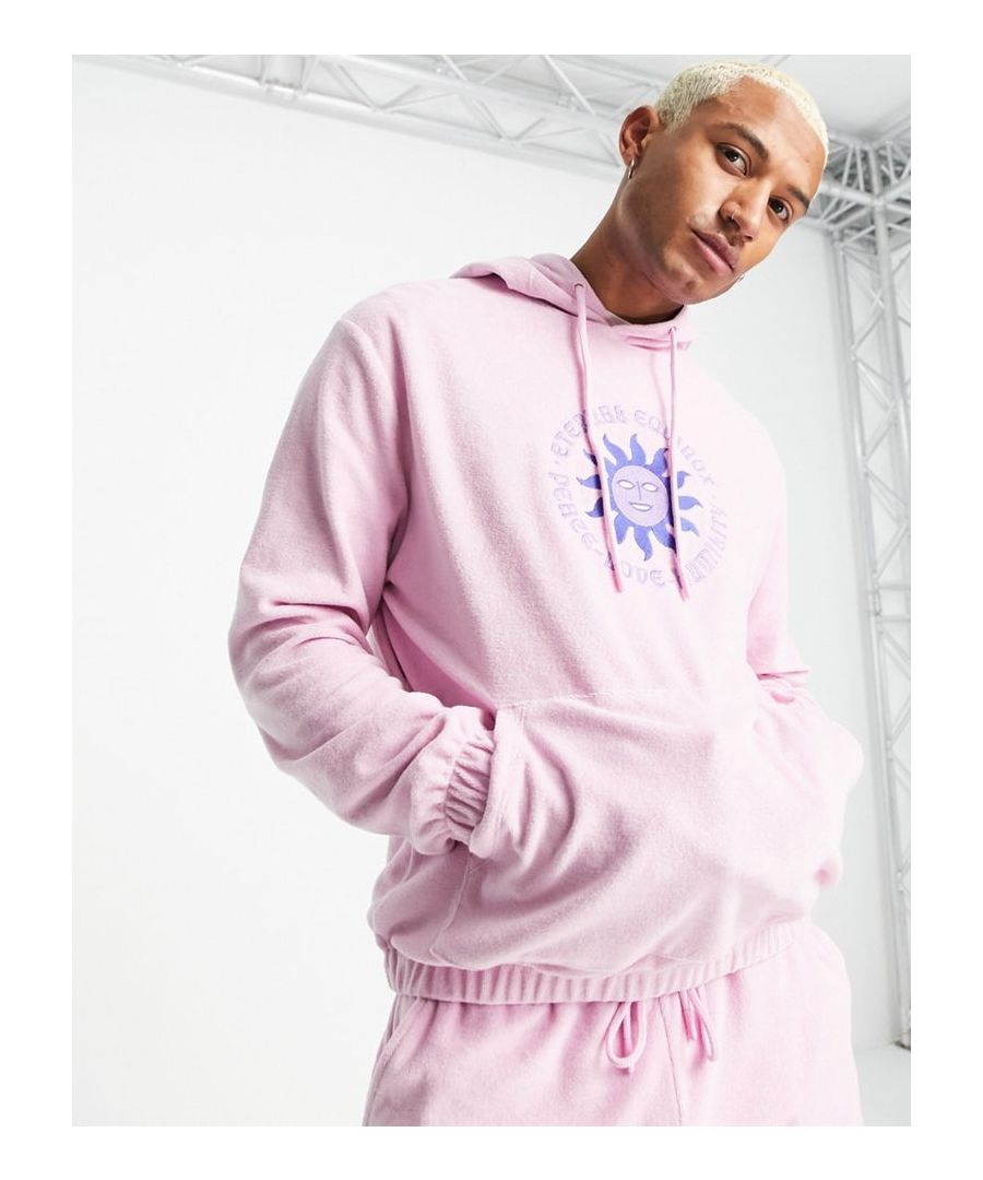 Hoodie by ASOS DESIGN Drawstring hood Image and text embroidery to chest Pouch pocket Elasticated cuffs and hem Oversized fit Sold by Asos