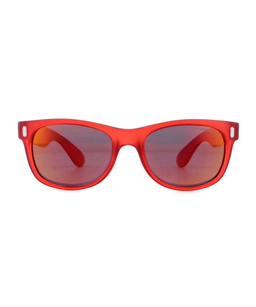 Polaroid Kids Sunglasses P0115 6XQ OZ Crystal Red Red Mirror Polarized are a classic wayfarer style sized for kids in some bright funky colours with 100% UV protection and the Polarized lenses removing glare and protecting your child's eyes even more.