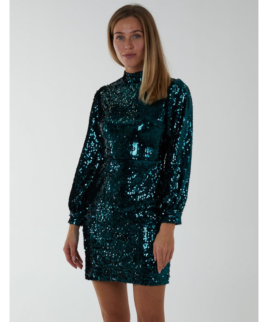 It's party time with our High Neck Balloon Sleeve Bodycon Dress. This head-turning dress features a sequin design, a high neckline and long sleeves to help you stay warm, and a bodycon shape to perfectly contour your figure. Style with block heel boots and tights. 