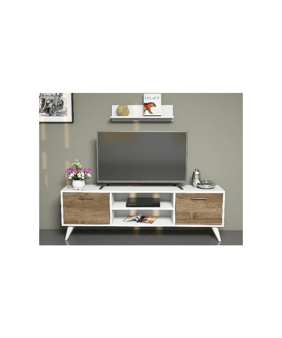 This stylish and functional TV cabinet is the perfect solution for television and all digital devices. Suitable for keeping accessories in order. Thanks to its design it is ideal for the living area. Easy-to-clean and easy-to-assemble assembly kit included. Color: White, Walnut | Product Dimensions: Tv Unit W120xD30xH48,6 cm, Shelf W60xD14xH16 cm | Material: Melamine Chipboard, PVC | Product Weight: 20 Kg | Supported Weight: 15 Kg | Packaging Weight: W146xD36xH11 cm Kg | Number of Boxes: 1 | Packaging Dimensions: W146xD36xH11 cm.