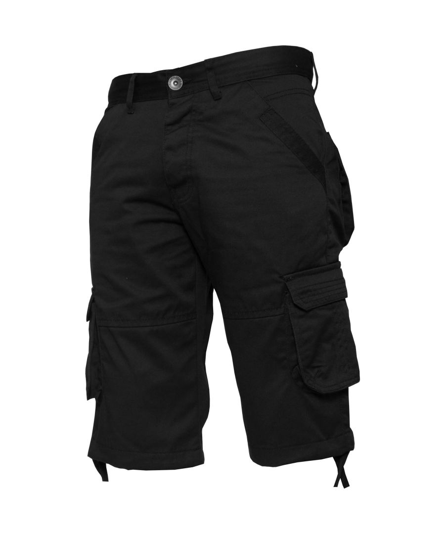 Enzo Mens Designer Cargo Combat Shorts, in Black, 65% Polyester, 35% Cotton, 7 Pocket Design, Single Coin Pocket, 2 Front Pockets with Extra Fabric Stitching Detail, 2 Side, 2 Back Bellow Pockets with Velcro Fastening, Adjustable Drawstring to the Hems, Mid Rise, Button Fly Fastening, Machine washable, Ideal for Casual and Heavy Duty Work Wear Occasions 