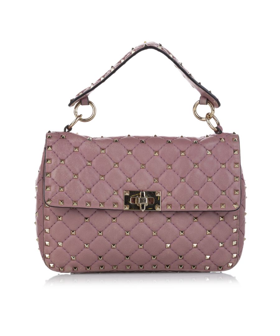 VINTAGE. RRP AS NEW. The Spike satchel features a quilted and studded leather body, a flat leather top handle, a detachable chain strap, a front flap with a flip lock closure, and an interior slip pocket.Exterior Front Discolored, Peeling. Exterior Back Discolored, Peeling. Exterior Corners Discolored, Peeling. Interior Lining stained with Pen Mark. Metal Attachment Scratched. Exterior Front Discolored, Peeling. Exterior Back Discolored, Peeling. Exterior Corners Discolored, Peeling. Interior Lining stained with Pen Mark. Metal Attachment Scratched. \n\nDimensions:\nLength 16cm\nWidth 23cm\nDepth 7cm\nHand Drop 10cm\nShoulder Drop 57cm\n\nOriginal Accessories: Dust Bag, Authenticity Card\n\nColor: Pink\nMaterial: Leather x Lambskin Leather\nCountry of Origin: Italy\nBoutique Reference: SSU141758K1342\n\n\nProduct Rating: FairCondition\n\nCertificate of Authenticity is available upon request with no extra fee required. Please contact our customer service team.