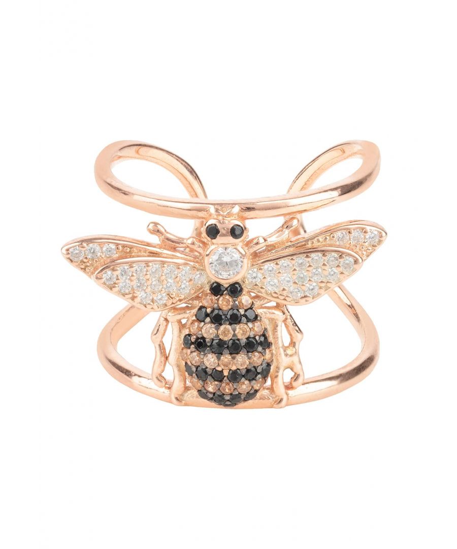 This stunning Honey Bee Cocktail Ring will have you buzzing with delight! This beautiful piece of jewellery combines sparkling zircons in black, white, and champagne with a 925 sterling silver base dipped in 22ct rosegold plating.Bees have a long history of being associated with luck, wealth and royalty. As such, they are often featured in jewellery designs. Bee motifs symbolize industry and hard work, which makes them a timeless choice for adornment. Whether as an earring or pendant, or a ring like this one, wearing bee-inspired jewellery is said to bring luck and prosperity.Have that noticeable pop of colour with this playful honey bee ring that is sure to turn heads when you walk down the street! The double metallic adjustable bands expertly secure and adjust the size to fit perfectly. Make this unique ring your new go-to fashionable accessory for all occasions, from family gatherings to outdoor adventures. Plus, it makes for a great gift for birthdays, special occasions, or just because - especially for those who adore gemstone and animal inspired jewellery.With its light 4.4grams weight, this beautiful Honey Bee ring will be an ideal companion for your daily life. Add the finishing touch to any ensemble and feel confident with the power of fashion!