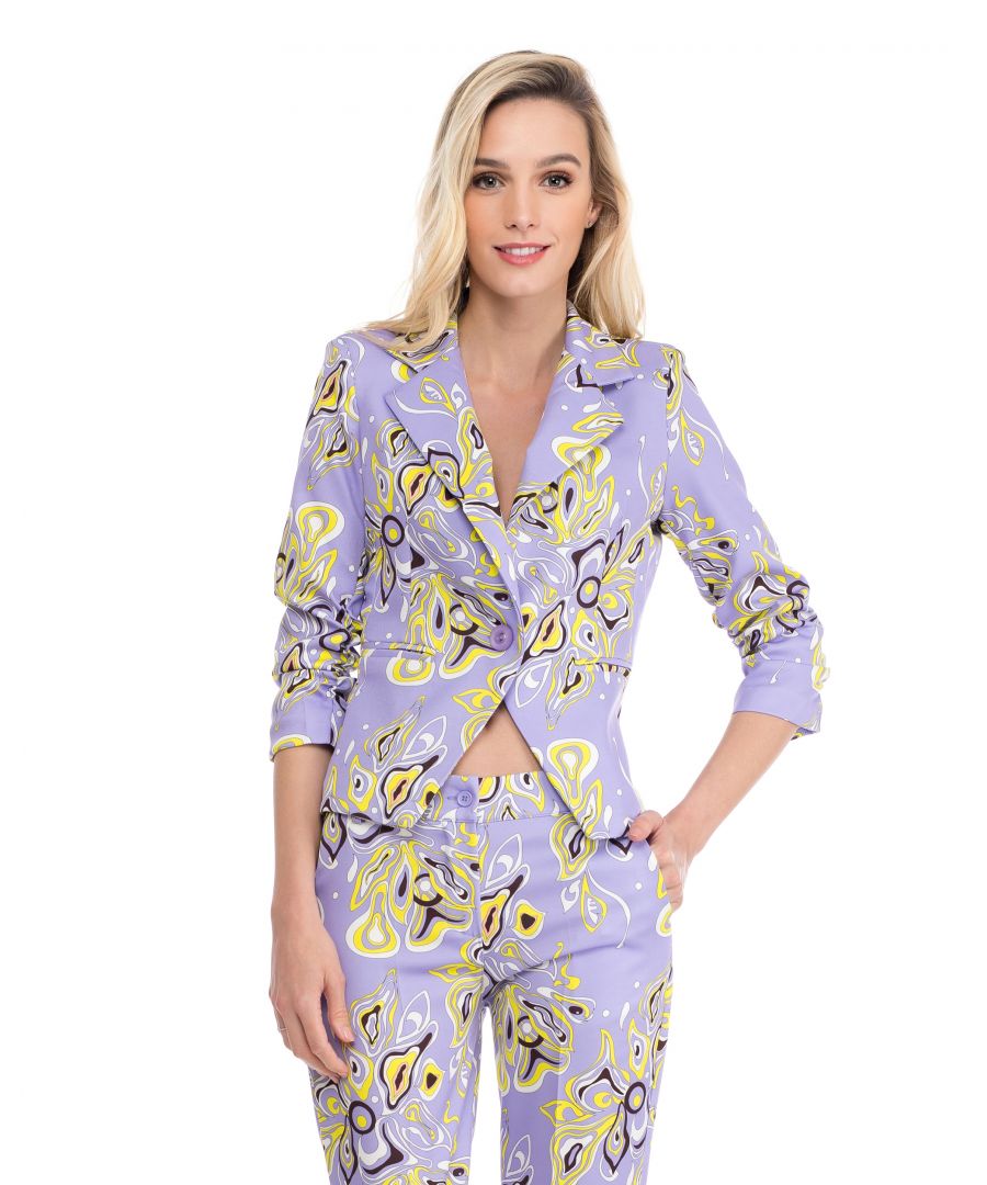 Image for Printed blazer jacket with button, shoulder pads, and ruffled sleeves