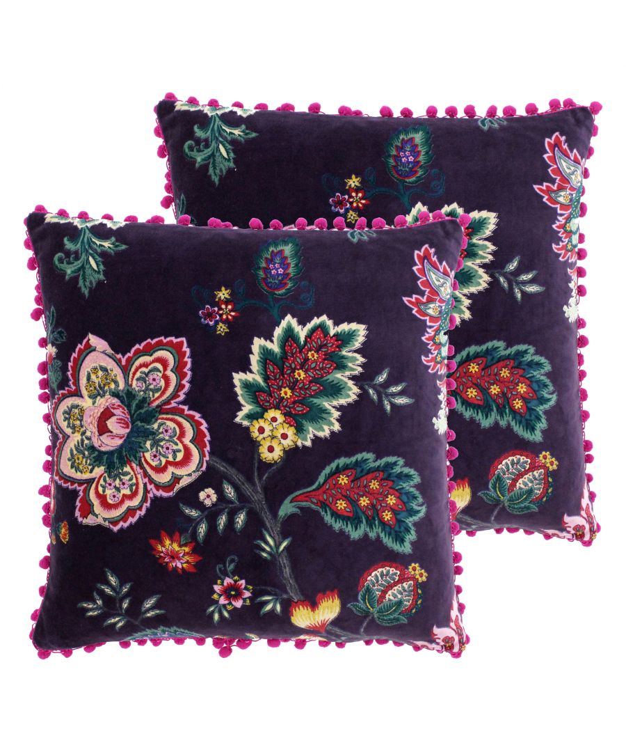 The Paoletti Palampur cushion cover features a detailed Indian-inspired flower print in bright, vibrant colours on sumptuously soft faux velvet. Contrasting pompom edges adorn the border of this wonderful cushion adding a touch of extra quirkiness. Complete with knife edging and a hidden zip closure to keep your cushion pad firmly in place. Made of 100% high-quality cotton this cushion is super soft and snuggly. To keep this cushion looking as good as the day you first bought it machine wash at 30 degrees. Use a warm iron and tumble dry on a low setting for the best results.