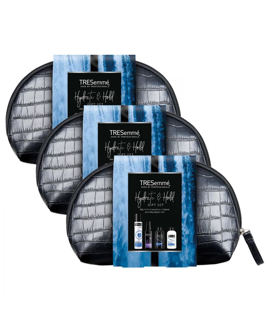 Tresemme Hydrate & Hold Hair Styling 4ps Gift Set For Her with Black Washbag 3pk\n\nRich Moisture Shampoo 100ml: Why use TRESemme luxurious moisture shampoo? The TRESemme Luxurious Moisture Shampoo system, with Vitamin E, instantly locks in moisture without weighing your hair down. Light enough for daily use, this moisture-balanced system transforms your dry hair into silky, manageable, salon-healthy-looking locks.\n\nRich Moisture Conditioner 100ml: Hydrate parched strands with this professional-quality, moisturizing conditioner for dry hair. TRESemmé Rich Moisture Shampoo & Conditioner system delivers optimized hydration that targets dryness and locks in moisture where your hair needs it most every day. Our Rich Moisture system delivers 7x more luxurious moisture, leaving hair with enviable softness and rich nourishment.\n\nHeat Defence Hairspray 60ml: Designed to help protect hair against damage from heated styling tools, helping to restore vibrancy and shine to dried-out, damaged hair. Include pro-performance TRESemme Heat Defence Spray in your daily routine before hair-drying, straightening or curling your hair. Whether you want to keep your frizz at bay with a long-lasting smooth finish or simply protect your hair against damage from daily blow-drying.\n\nFreeze Hold Hairspray 100 ml: TRESemme Freeze Hold Hairspray provides all-day control and long-lasting extra strong hold in a small, handbag-friendly travel size.  Brushes out easily. Won't build up or flake. From our origins in salons around the world, we've always had a single vision: to create stylist-tested, salon-quality products without the salon price tag, so you can experience that salon feeling every day.\n\nEach Gift Set Includes:\n1x Tresemme Rich Moisture Shampoo, 100 ml\n1x Tresemme Rich Moisture Conditioner, 100 ml\n1x Tresemme Heat Defence Hairspray, 60ml\n1x Tresemme Freeze Hold Hairspray, 100ml