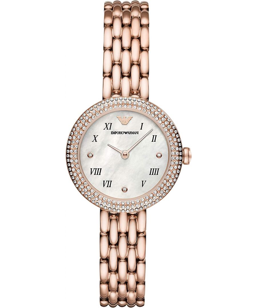 This Emporio Armani Rosa Analogue Watch for Women is the perfect timepiece to wear or to gift. It's Rose Gold 30 mm Round case combined with the comfortable Rose Gold Stainless steel watch band will ensure you enjoy this stunning timepiece without any compromise. Operated by a high quality Quartz movement and water resistant to 3 bars, your watch will keep ticking. This original fashionable watch is set with beautiful stones, perfect for every women. High quality 19 cm length and 12 mm width Rose Gold Stainless steel strap with a Deployment clasp Case diameter: 30 mm,case thickness: 7 mm, case colour: Rose Gold and dial colour: Mother of pearl