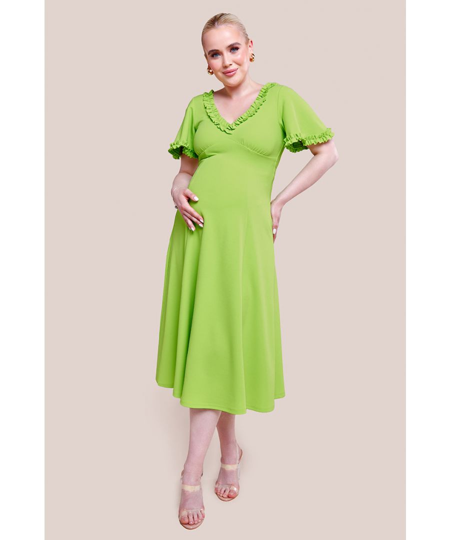 Goddiva Womens Maternity Flare Sleeve Frill Edge Midi Dress - Lime Green - Size 8 UK