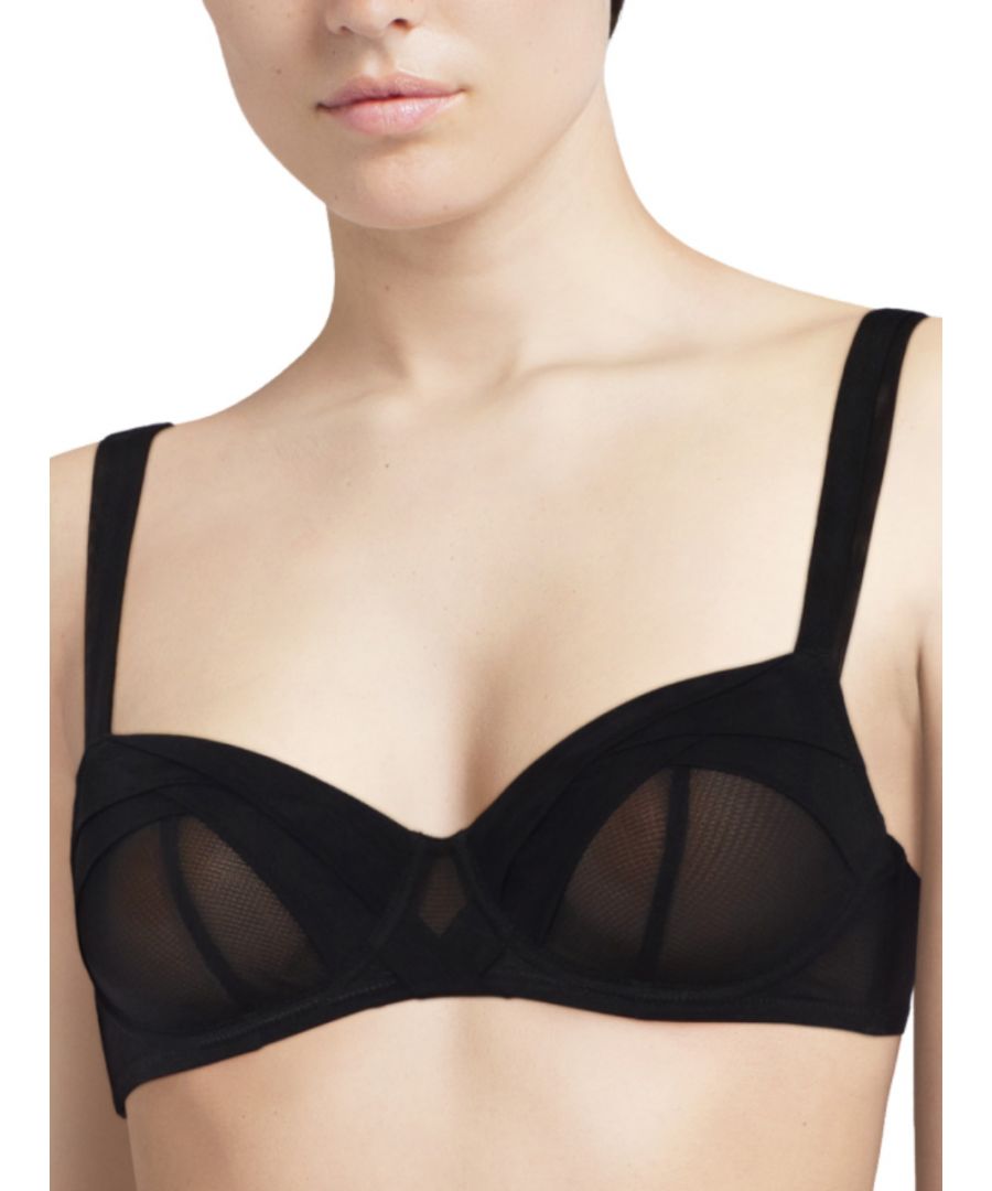 Chantal Thomass Encens Moi Half-Cup Bra. A lightweight French design with a sheer effect, great support and finish. With criss-crossing tulle cups to add volume. Product is made of 88% Nylon, 12% Elastane, Polyethylene and is hand-wash only.