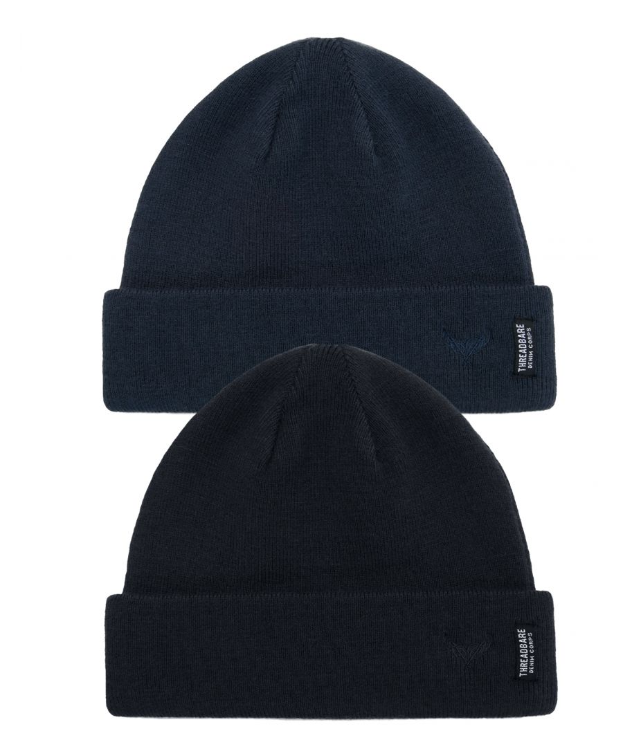 Keep warm when the temperature drops with this two pack of knitted hats from Threadbare. They both feature a turn up with logo. Other styles available.