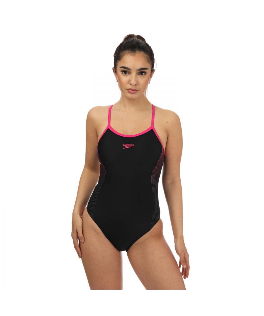 Womens Speedo Thinstrap Muscleback Swimsuit in black - pink.- Muscle back.- Endurance+ fabric.- Chlorine Resistant.- Shape retention - fabric stretches so you can enjoy your swim without feeling restricted.- Lightweight and breathable.- Durable and quick drying.- Speedo logo to chest.- Body: 80% Nylon  20% Elastane. Lining: 100% Polyester.- Ref: 805403F852Please note that returns will only be accepted if the hygiene label is still attached to the product.