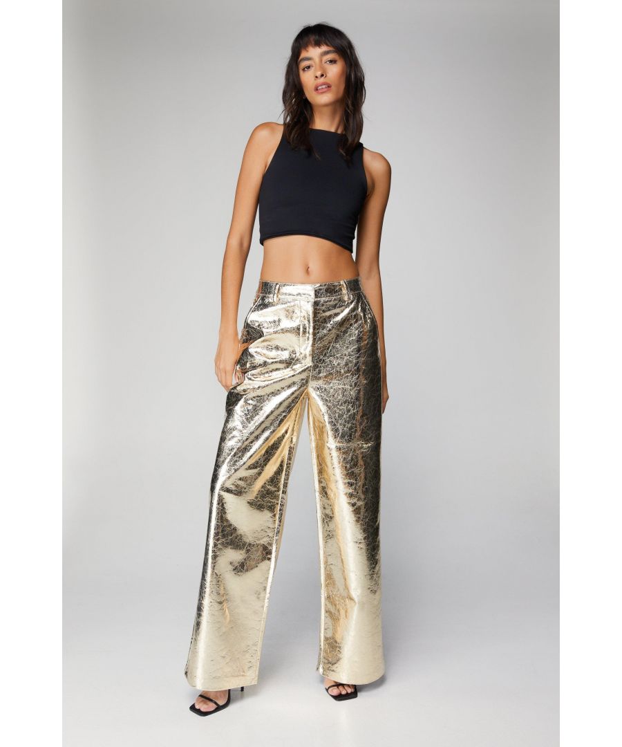 NastyGal Womens Metallic Crackle Wide Leg Trousers - Gold - Size 10 Regular