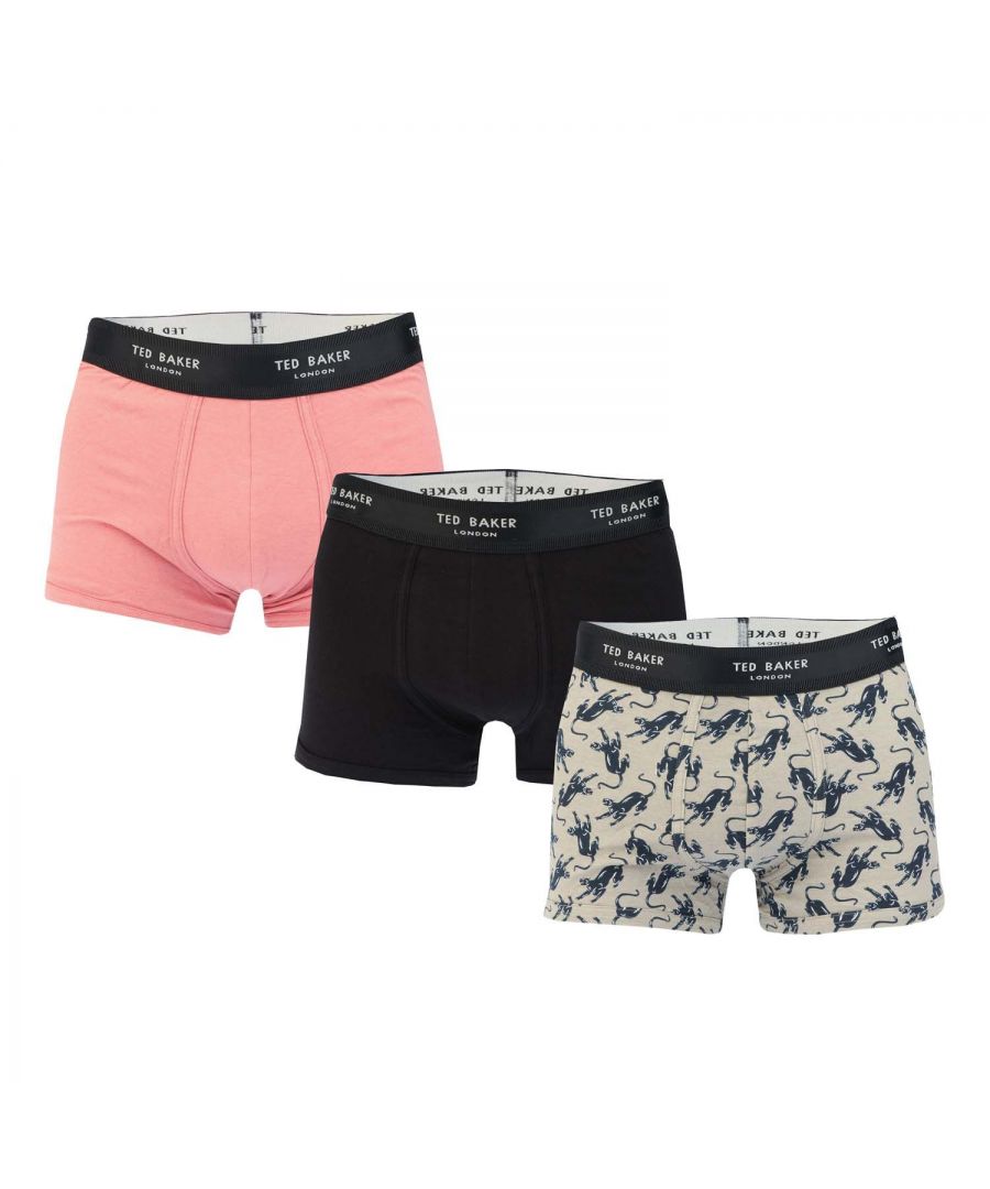 Mens Ted Baker Three Pack Cotton Fashion Trunk in pink black.- Branded elasticated waistband.- Ted Baker three pack fitted trunks.- Assorted design.- Stretch fabric.- Comes in Ted Baker branded packaging.- 95% Cotton  5% Elastane.- Ref: RTBC102AT8958